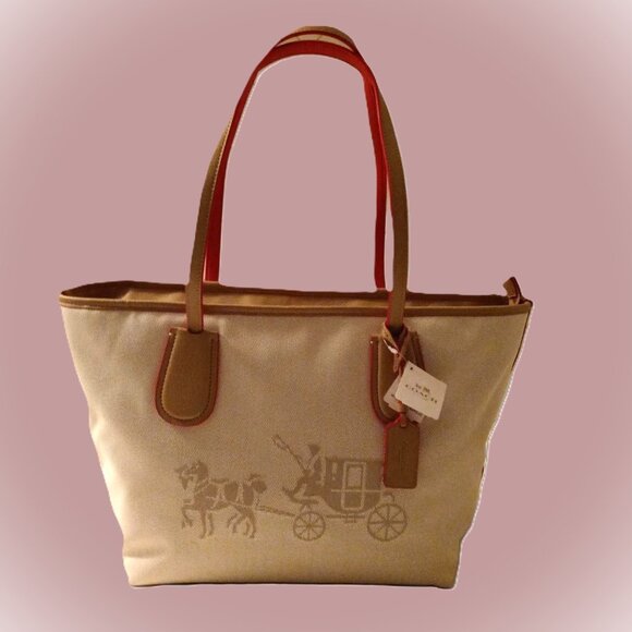 Coach WHS Horse and Carriage Cream/Tan Taxi Tote  35337M - Picture 1 of 11
